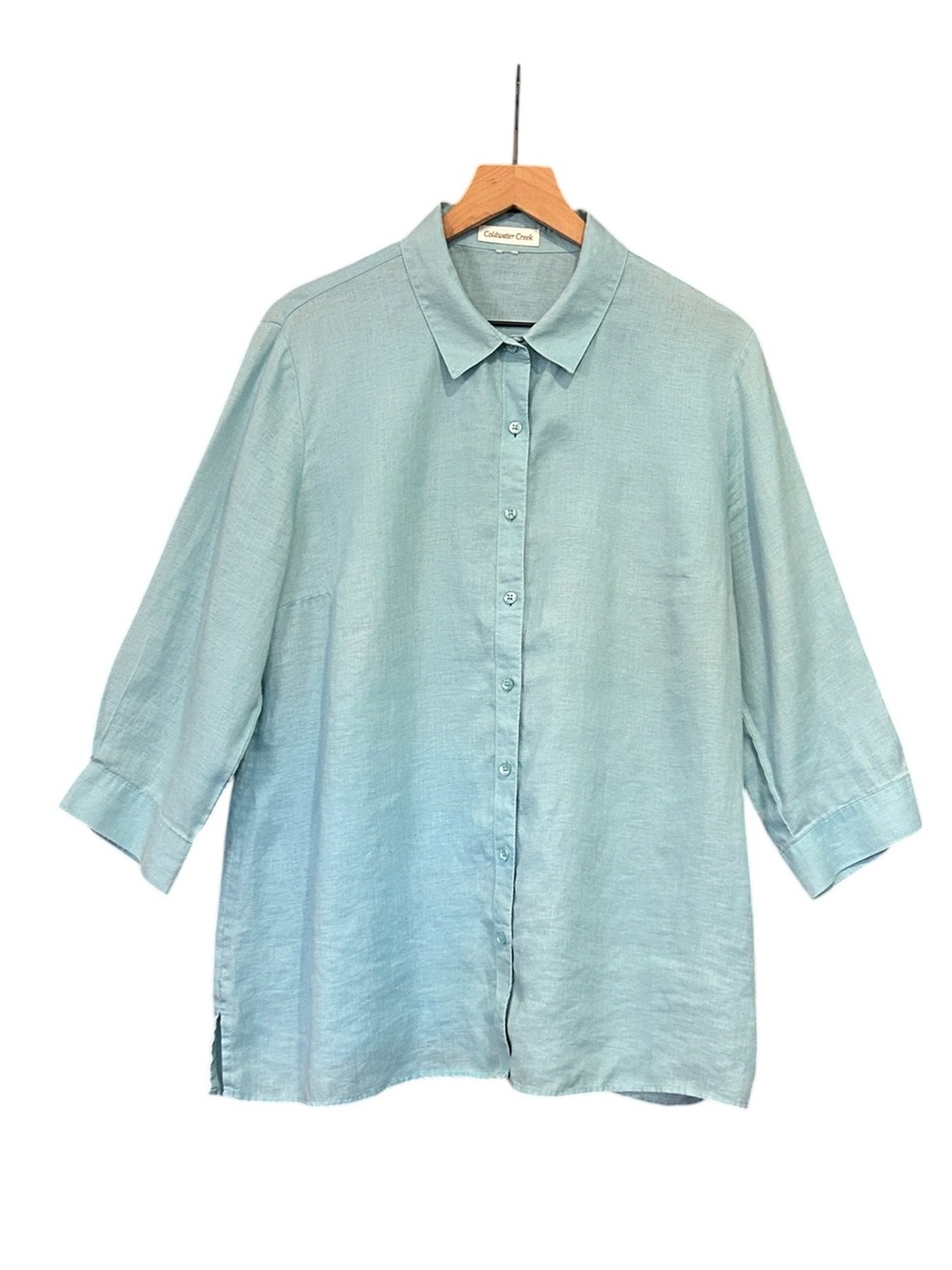 Coldwater Creek 100% Linen 3/4 Sleeve Button-up Turquoise Blue Top Size Large